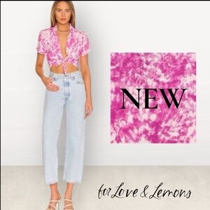 For Love & Lemons Devon Pink Tie-Dye Bamboo Tie-Front Crop Blouse Size S NWT